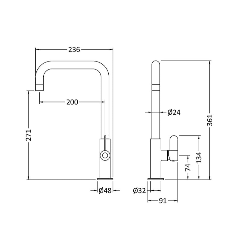 Gold Tall Square Neck Kitchen Mixer Tap